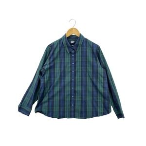 Lands End Women's Plaid Button Up Shirt 16P Green‎ Blue Long Sleeve Casual Wear